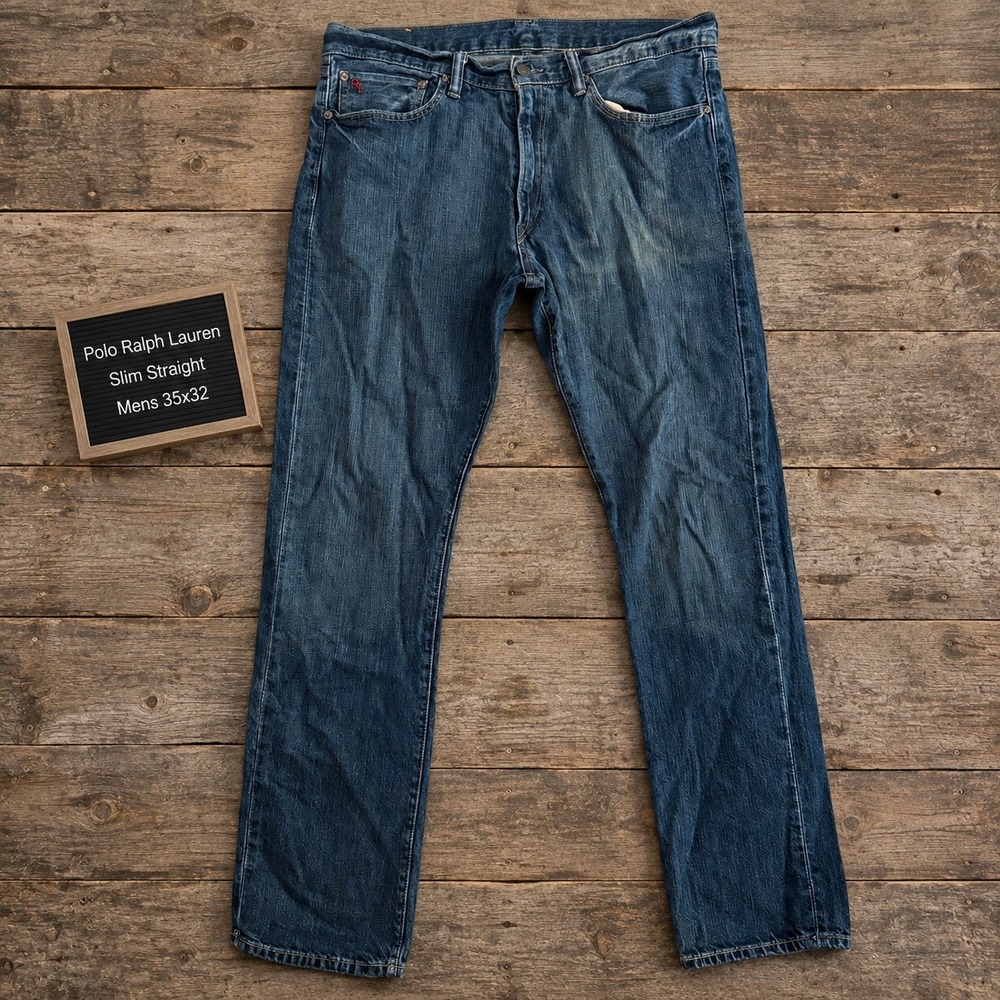 Polo Ralph Lauren Slim Straight Mens Jeans 35x32 Dark Wash Blue 100% Cotton